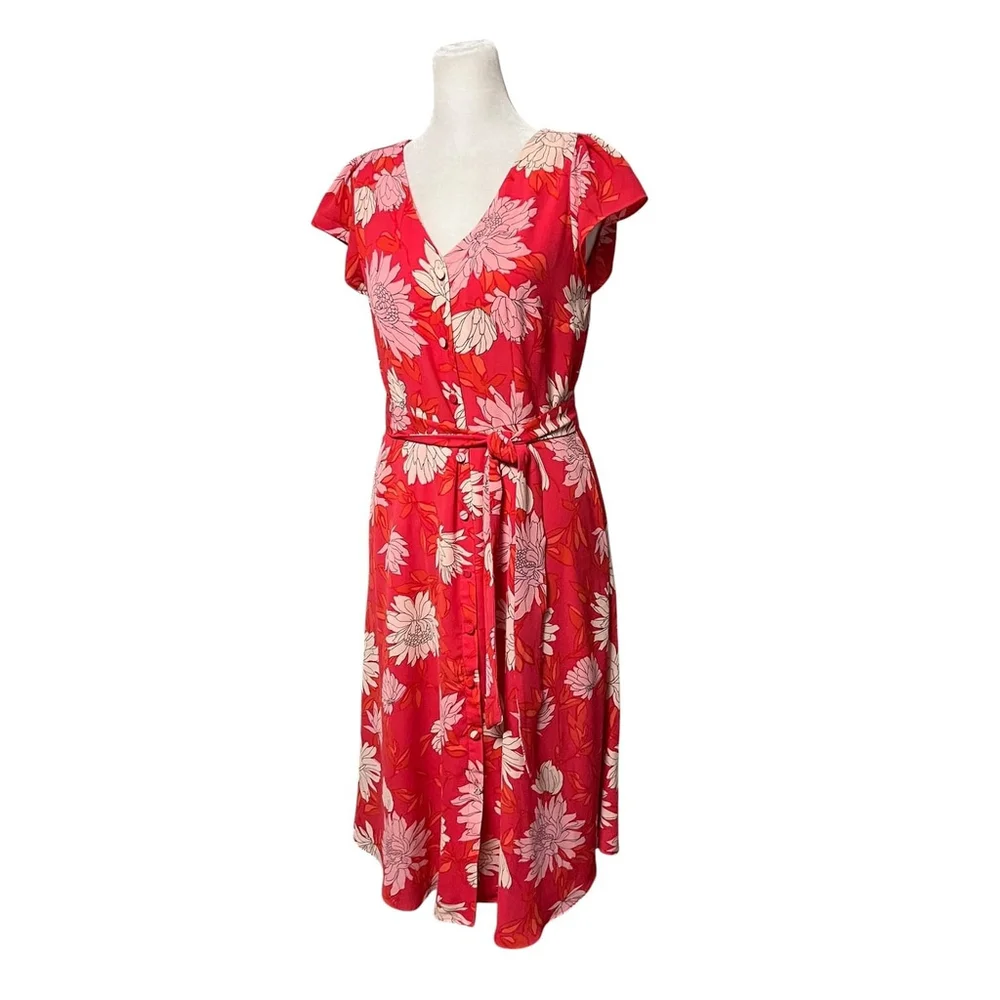 Talbots Pink Belted Midi Chrysanthemum Shirt Dress Size 2 Petite